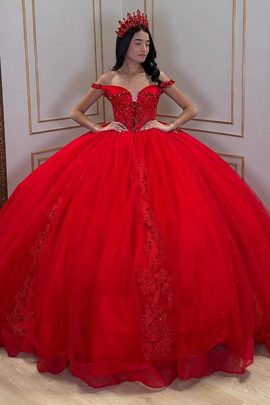 Ball Gown Tulle Lace Appliqued Sweet 16 Red Quinceanera Dresses HE712