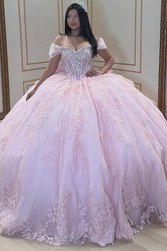 Princess Ball Gown Lace Appliqued Sweet 16 Pink Quinceanera Dresses for Birthday HE1017