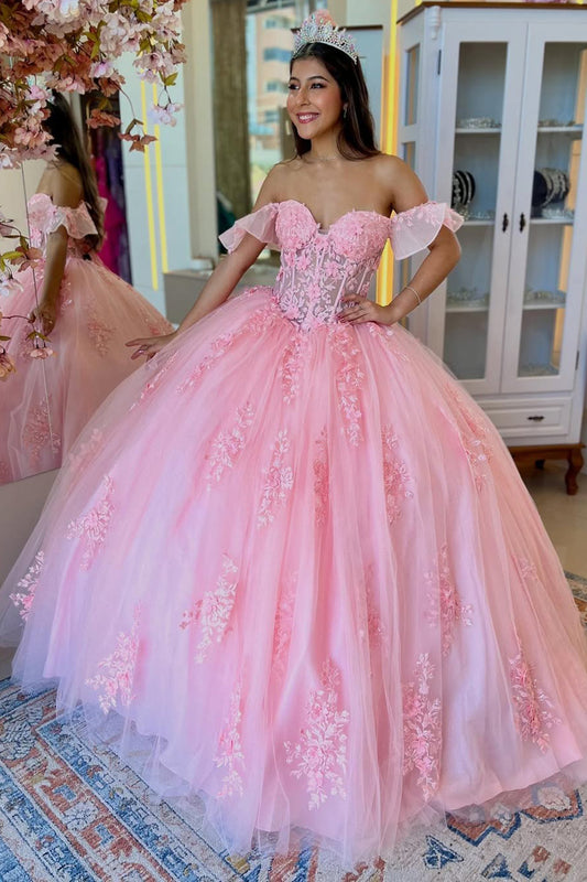 Off Shoulder Tulle Appliqued Corset Pink Quinceanera Dresses for Sweet 16 Birthday HE961