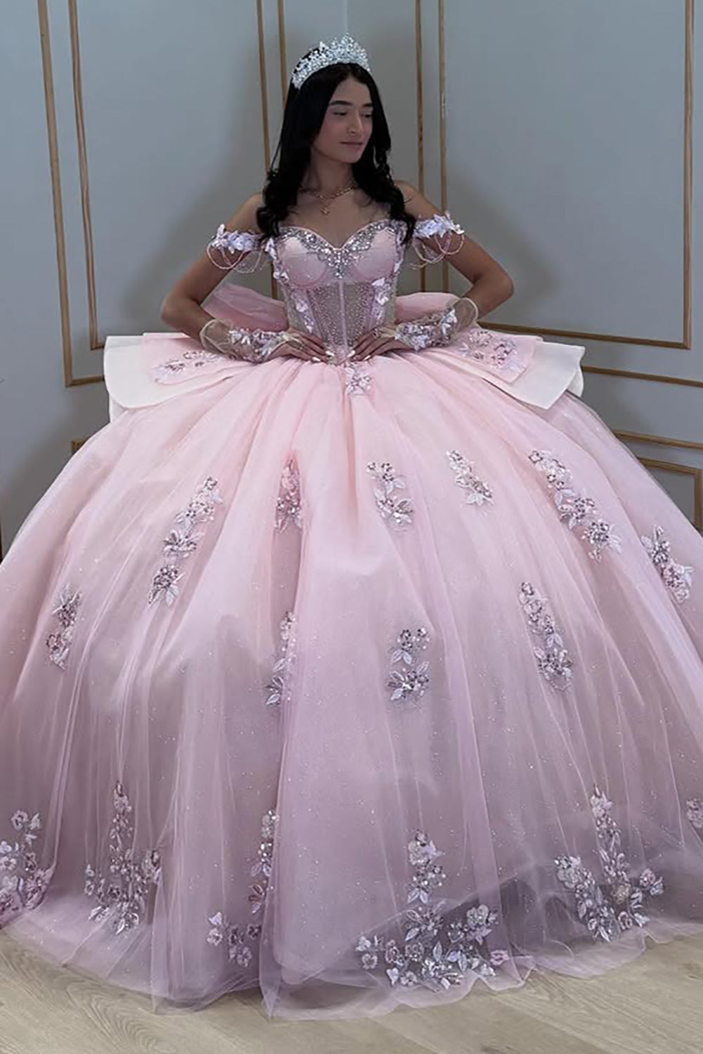 Vestidos de quinceañera con hombros descubiertos, tul princesa, apliques, vestidos de quinceañera HE530