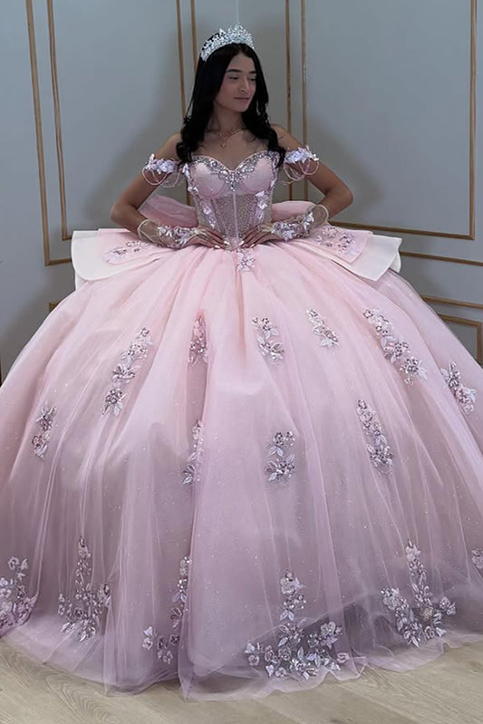Ball Gown Tulle Lace Appliqued Princess Off Shoulder Quinceanera Dresses HE714