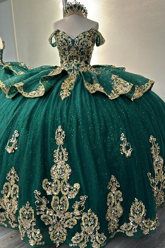 Glittery Tulle Lace Appliqued Sweet 16 Green Quinceanera Dresses with Ruffles HE942