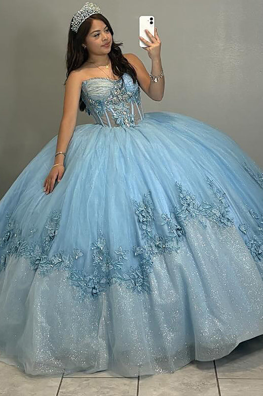 Blue Sweetheart Ball Gown Glittery Tulle Appliqued Sweet 16 Quinceanera Dresses HE820