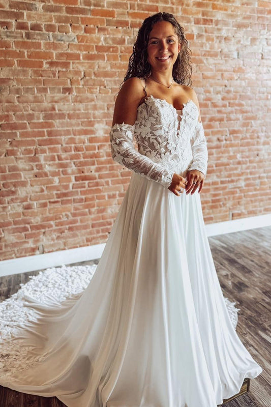 A Line Tulle Appliqued Wedding Dresses Sweetheart Boho Wedding Gowns with Detachable Sleeves HE1127