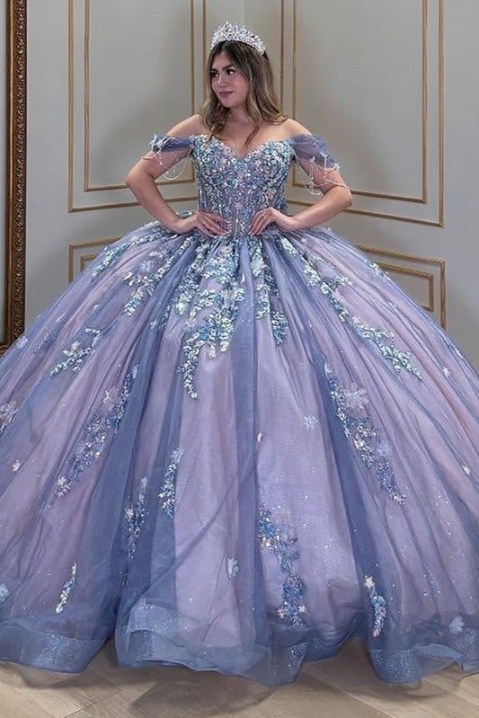 Glittery Tulle Lace Appliqued Off Shoulder Sweet 16 Quinceanera Dresses HE904
