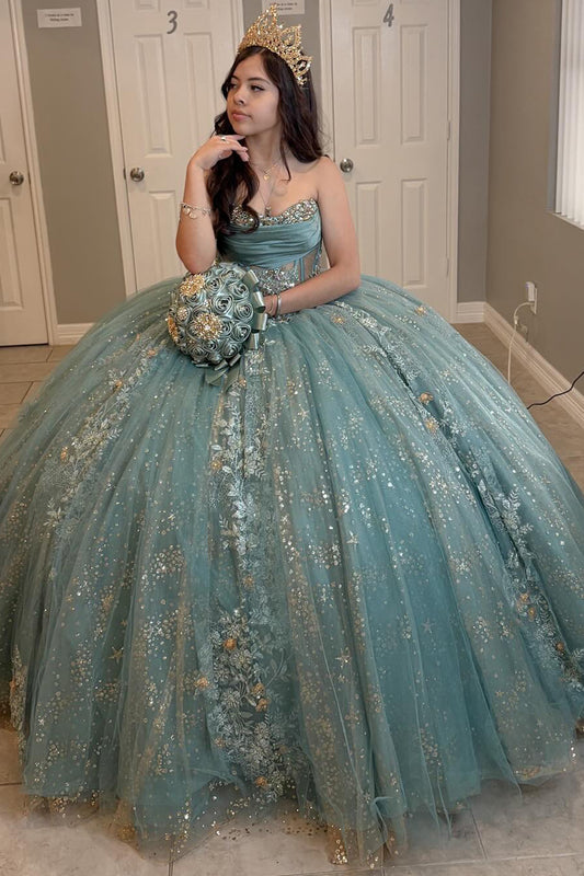 Glittery Tulle Lace Applique Corset Ball Gown Sweet 16 Quinceanera Dresses HE819