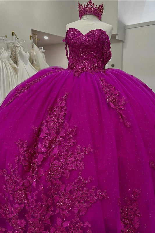 Princess Ball Gown Fuchsia Off Shoulder Tulle Appliqued Quinceanera Dresses HE958