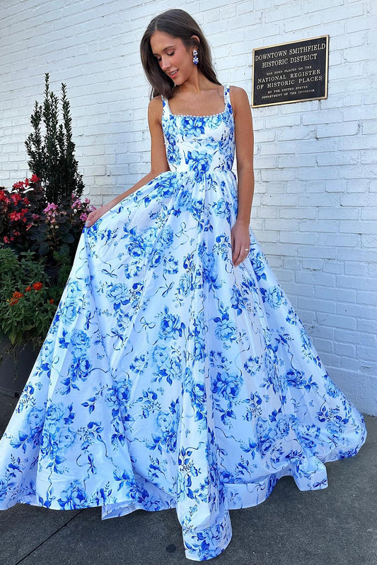 A Line Satin Floral Print Prom Dresses Long Plus Size Evening Party Gowns for Women HE1087