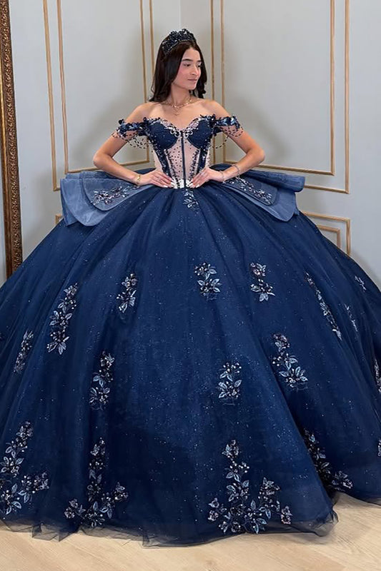 Navy Blue Off Shoulder Ball Gown Tulle Lace Appliqued Quinceanera Dresses HE713