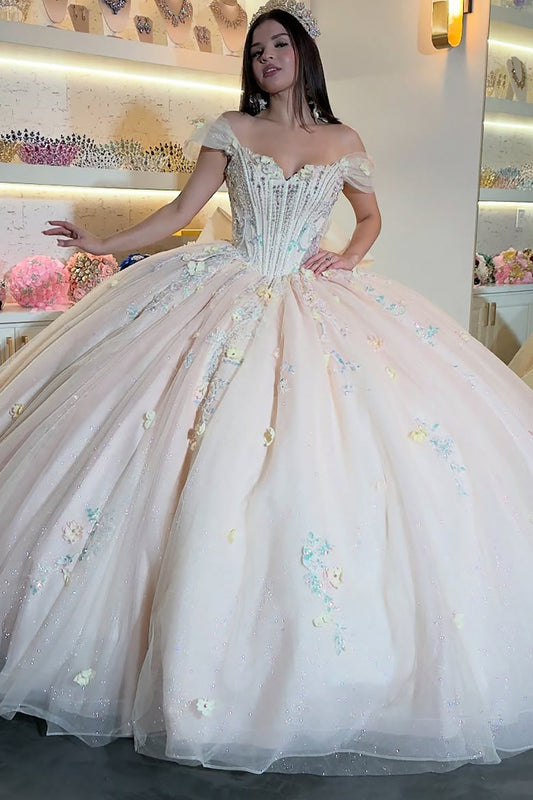 Princess Off Shoulder Glittery Tulle Beaded Quinceanera Dresses with Bowknot HE893