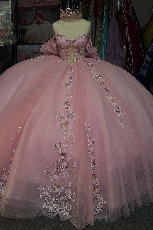 Off Shoulder Pink Ball Gown Tulle Lace Appliqued Quinceanera Dresses for Teens HE887
