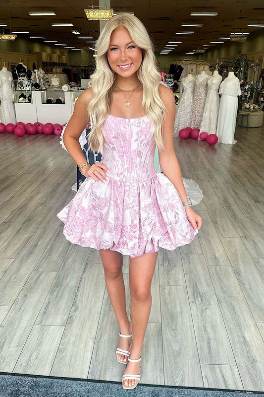 Strapless Corset Satin Floral Print A Line Homecoming Dresses for Juniors HE837