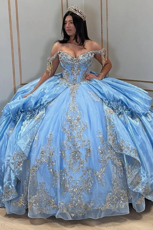 Princess Ball Gown Tulle Lace Beaded Sweet 16 Blue Quinceanera Dresses HE854