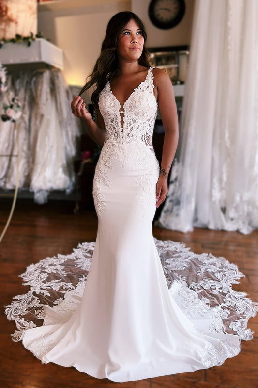 Meerjungfrau Satin Spitze V-Ausschnitt Strand Brautkleider Braut Weiß Brautkleider HE828