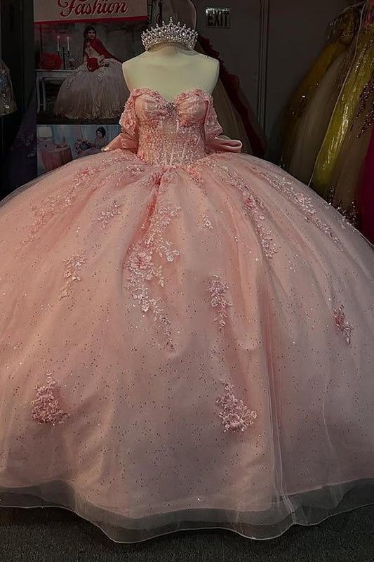 Glittery Tulle Lace Beaded Ball Gown Pink Quinceanera Dresses for Sweet 16 HE888