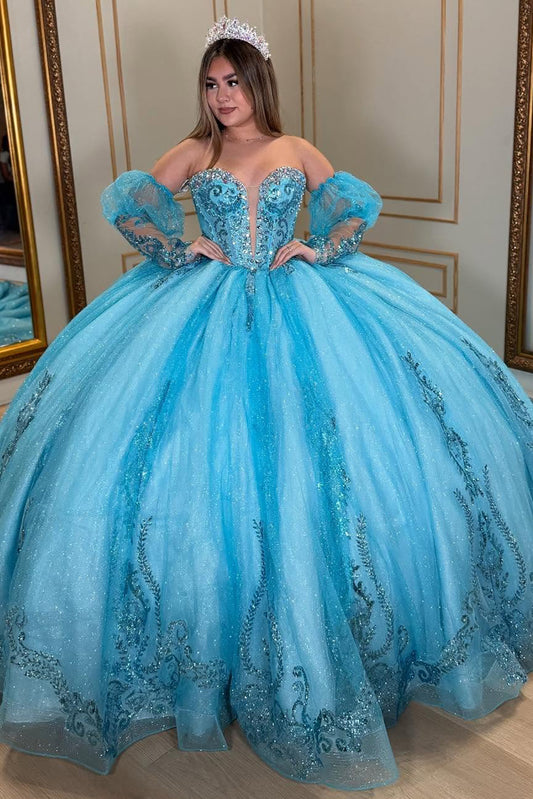 Sweetheart Tulle Lace Beaded Princess Quinceanera Dresses with Detachable Sleeves HE872