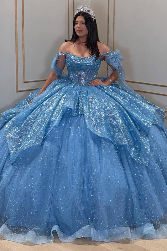 Off Shoulder Princess Glittery Tulle Ruffles Blue Quinceanera Dresses for Sweet 16 HE822