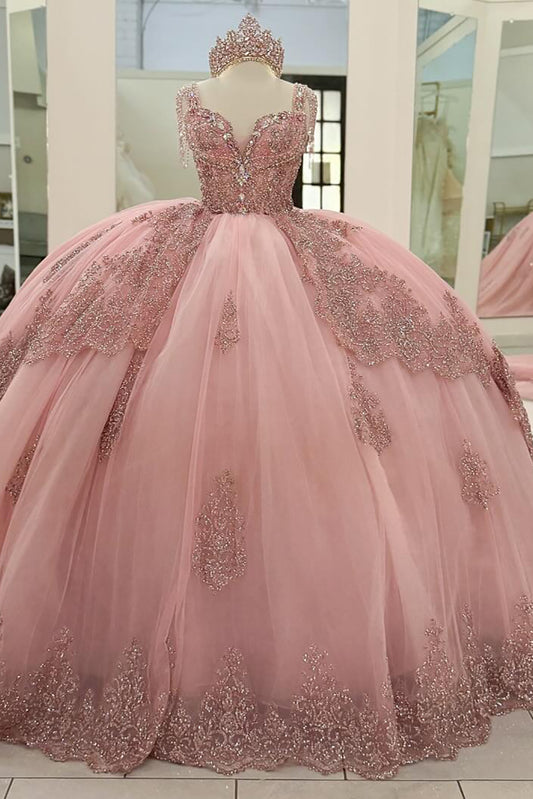 Princess Ball Gown Tulle Lace Beaded Sleeveless Quinceanera Dress HE890