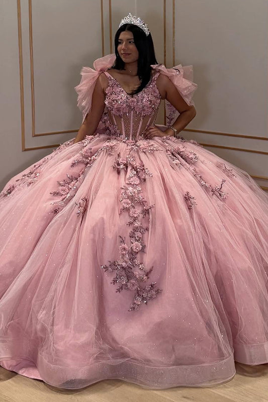 Glittery Tulle Lace Appliqued V Neck Pink Quinceanera Dresses for Sweet 16 HE852
