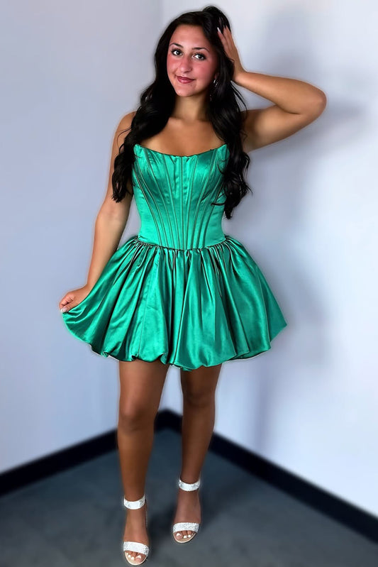 Satin Corset A Line Strapless Homecoming Dresses Knee Length Cocktail Gowns HE847