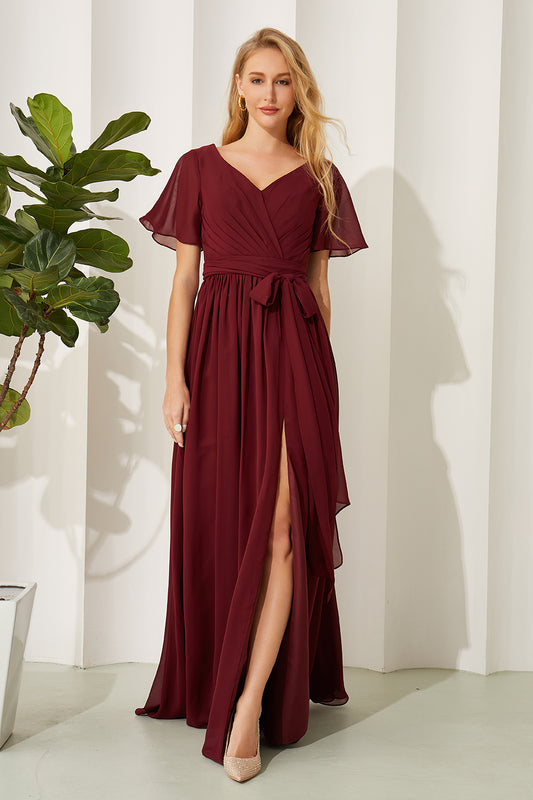 A Line Chiffon V Neck Split Long Bridesmaid Dresses with Short Sleeves HE708