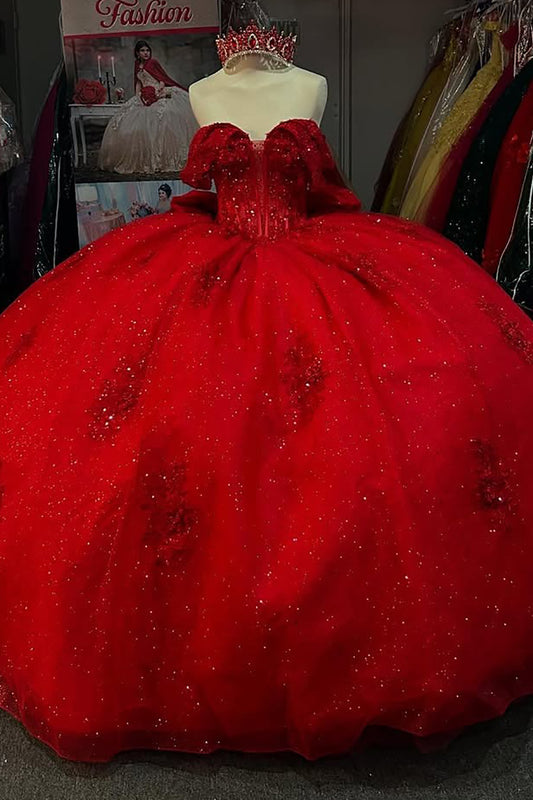 Princess Ball Gown Tulle Appliqued Red Quinceanera Dresses Sweet 16 Birthday Gowns HE826
