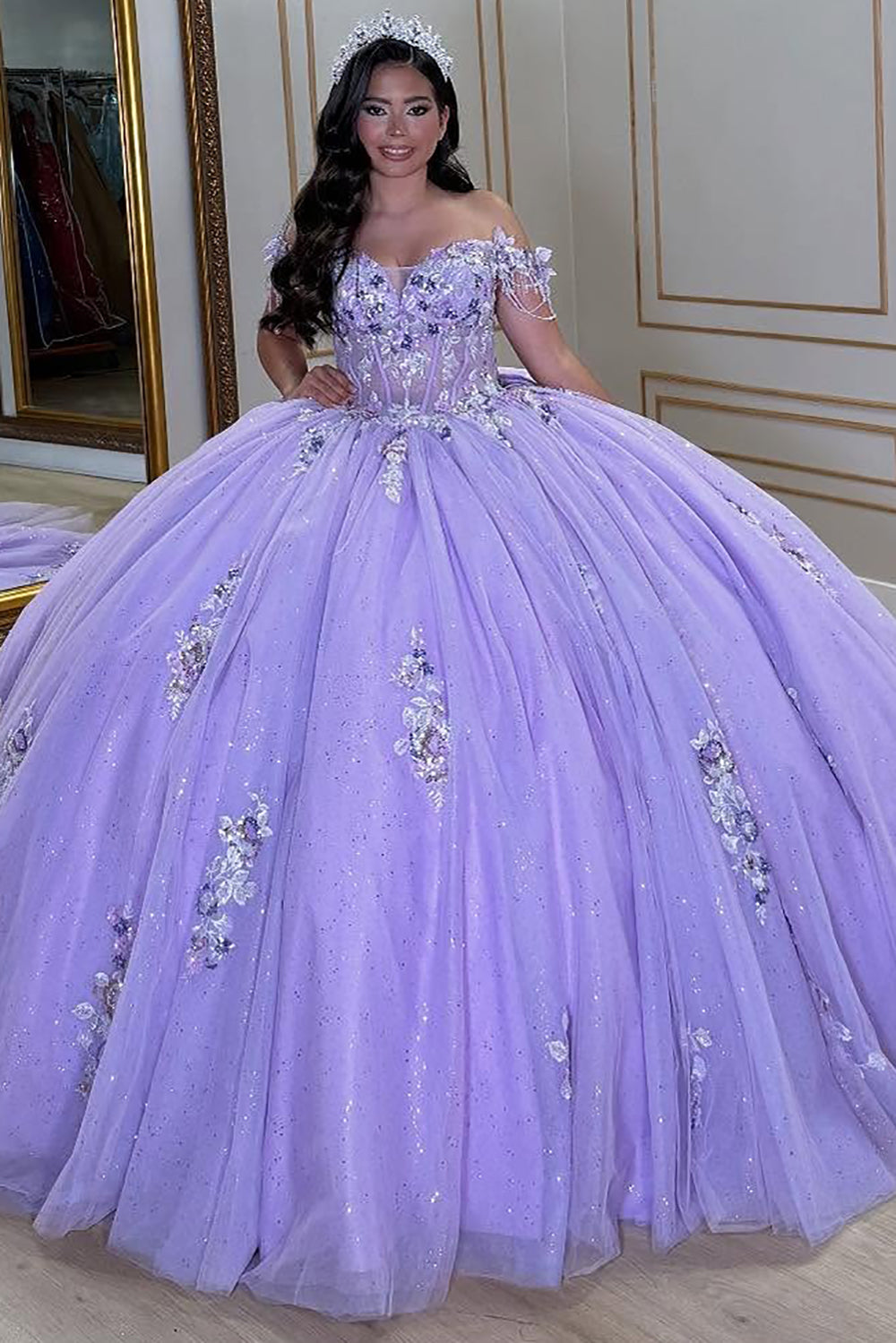 Lilac Glittery Tulle Lace Appliqued Off Shoulder Quinceanera Dresses f