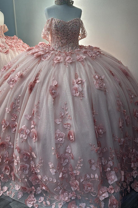 Princess Ball Gown Tulle 3d Flowers Pink Sweet 16 Quinceanera Dresses HE941