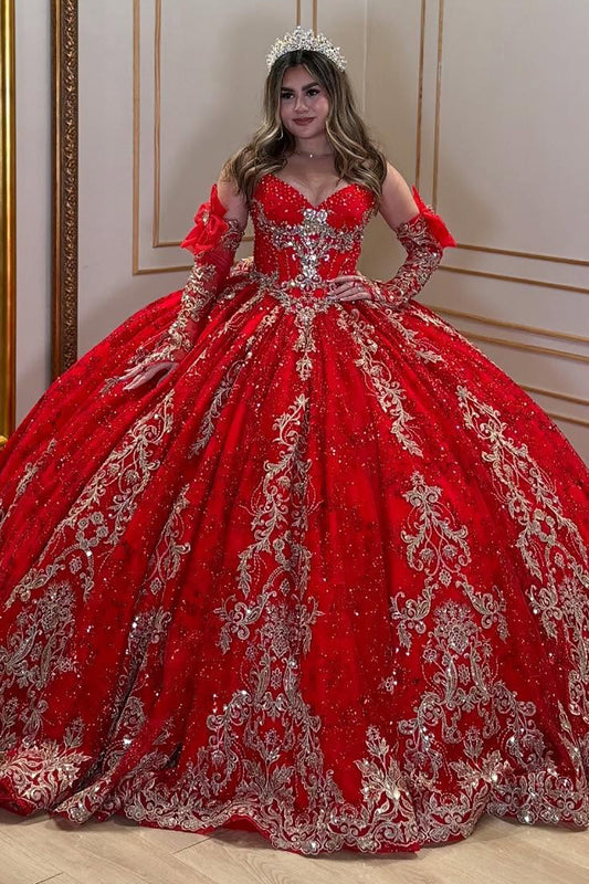 Sweetheart Tulle Lace Beaded Sweet 15 Red Quinceanera Dresses with Detachable Sleeves HE907