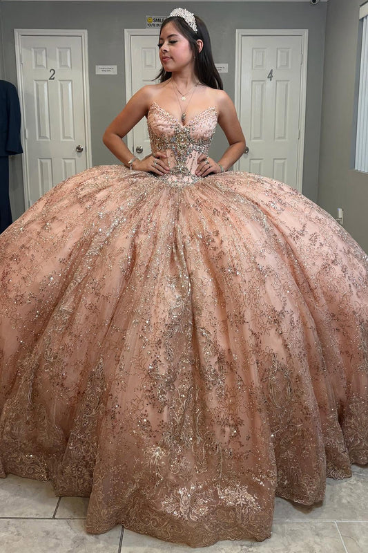 Sweetheart Glittery Tulle Sequin Beaded Quinceanera Dresses with Long Train HE815