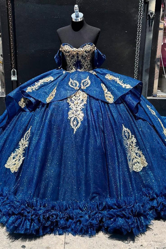 Glittery Tulle Lace Appliqued Princess Blue Quinceanera Dresses for Sweet 16 HE927