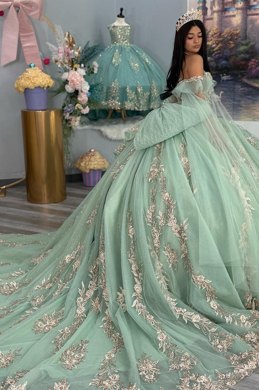 Princess Ball Gown Off Shoulder Tulle Appliqued Quinceanera Dresses for Teens HE891