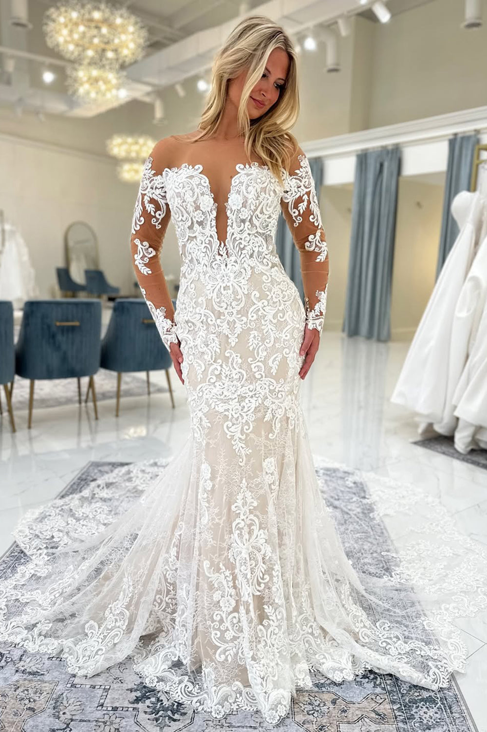 Off Shoulder Long Sleeves Tulle Lace Appliqued Mermaid Wedding Dresses for Bride HE791