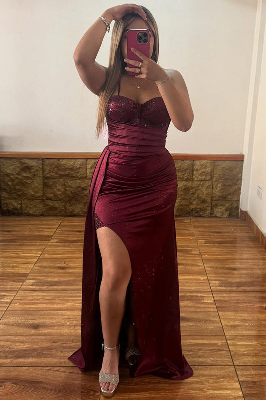 Sweetheart Corset Satin Beaded Prom Dresses Long Strapless Evening Gowns with Split HE1096