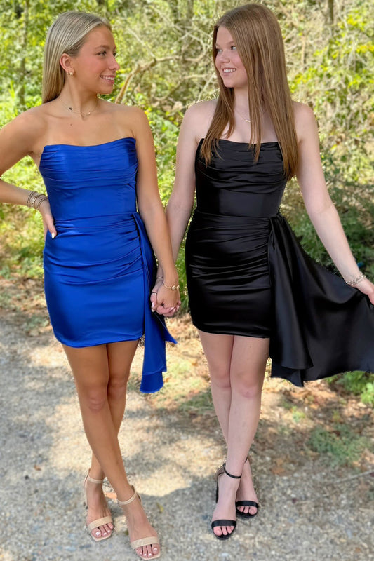 Strapless Satin Sheath Pleated Knee Length Homecoming Dresses for Juniors HE921