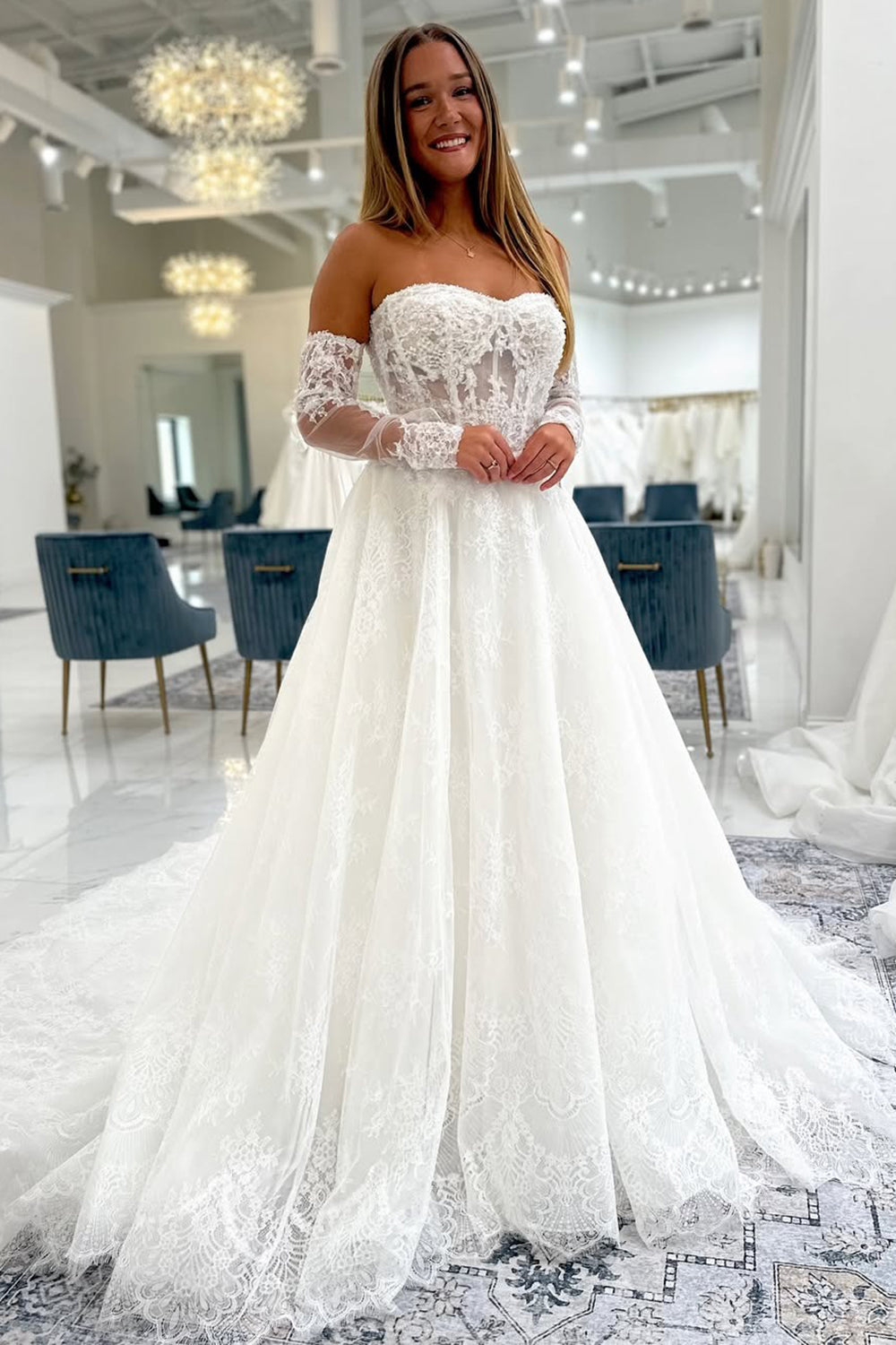 A Line Sweetheart Tulle Lace Appliqued Beach Wedding Dresses for Bride HE797