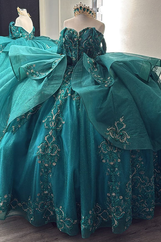 Emerald Green Tulle Lace Beaded Off Shoulder Quinceanera Dresses for Birthday HE936