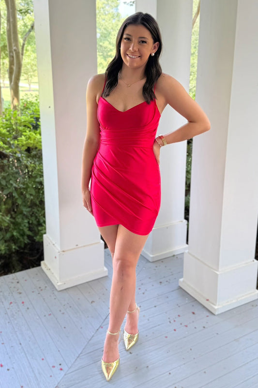 Sheath Satin V Neck Pleated Knee Length Homecoming Dresses for Juniors HE781