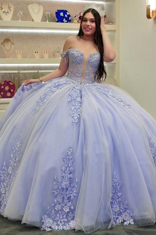 Princess Tulle Lace Appliqued Off Shoulder Lilac Quinceanera Dresses HE902