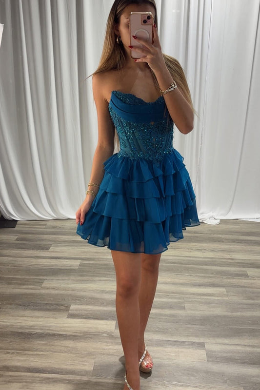A Line Chiffon Ruffles Corset Lace Beaded Homecoming Dresses for Juniors HE923