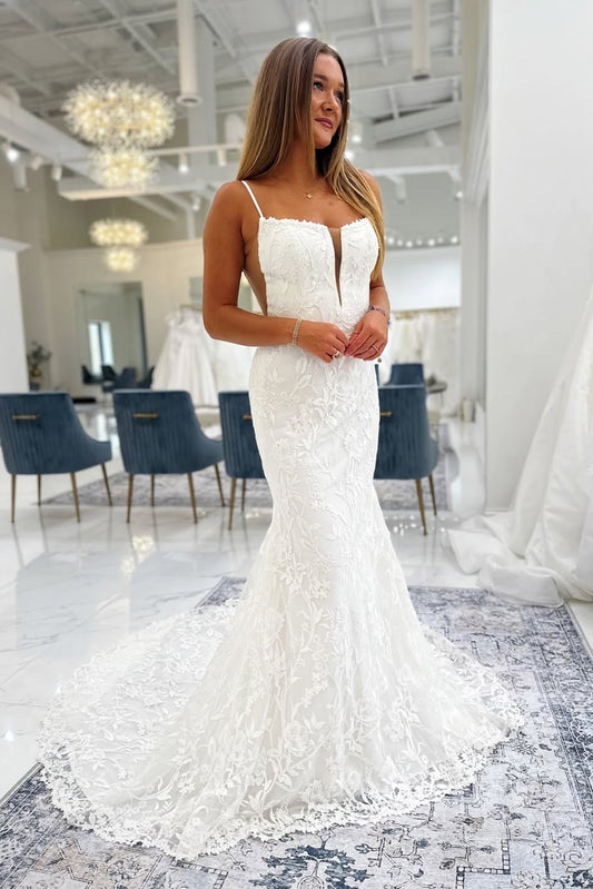 Mermaid Tulle Lace Appliqued Backless Boho Wedding Dresses for Women HE796