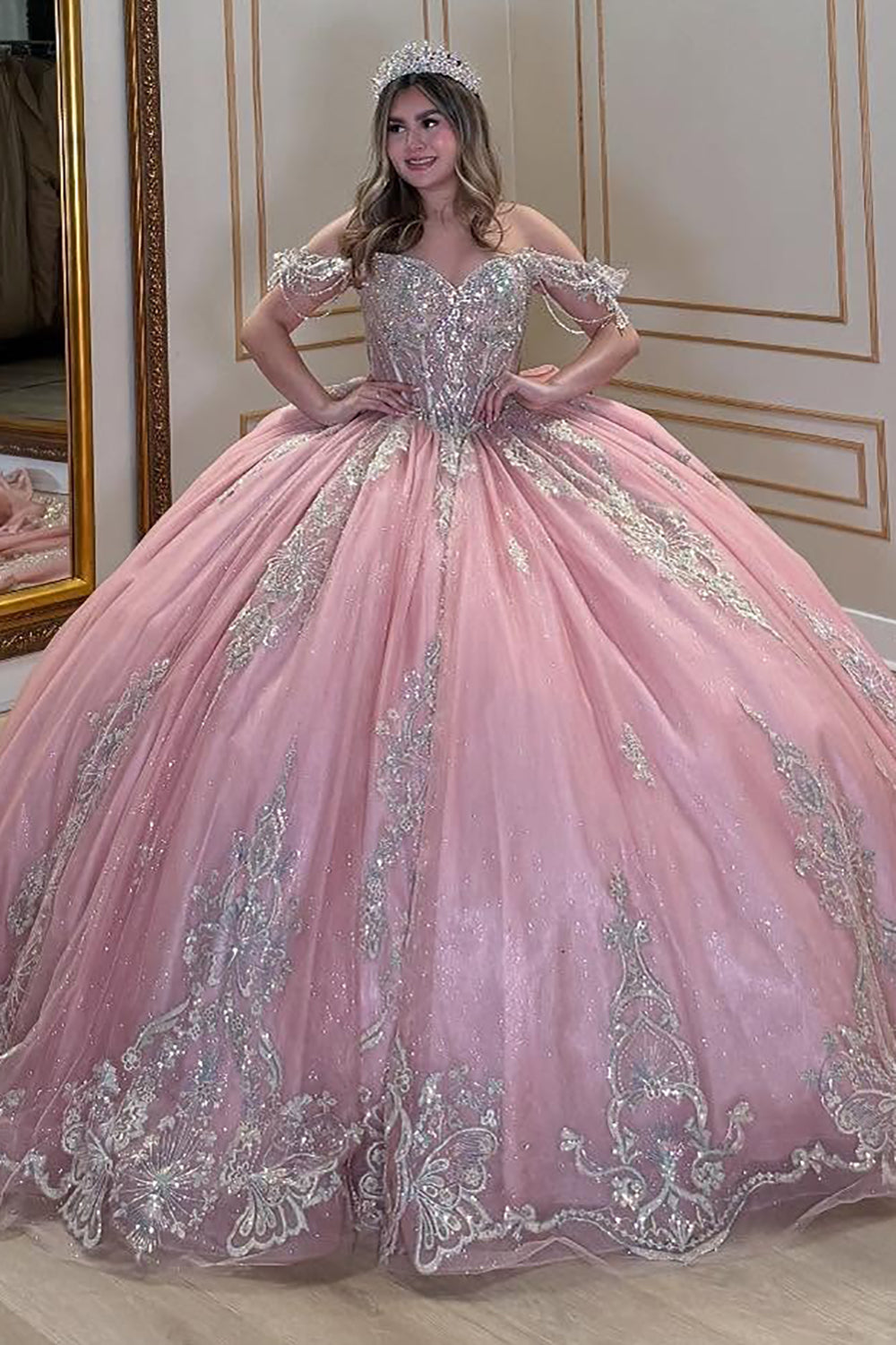 pink off the shoulder quince dress Layered Off-Shoulder Glitter Quinceaera Dress by Calla KY018383