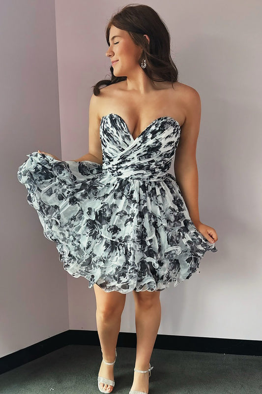 Sweetheart A Line Chiffon Black Floral Print Homecoming Dresses for Juniors HE926