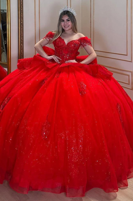 Gorgeous Glittery Tulle Appliqued Beaded Princess Red Quinceanera Dresses HE897