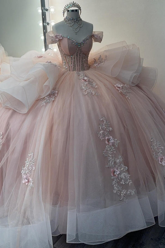 Off Shoulder Tulle Ruffles Lace Beaded Pink Quinceanera Dresses for Birthday Party HE940