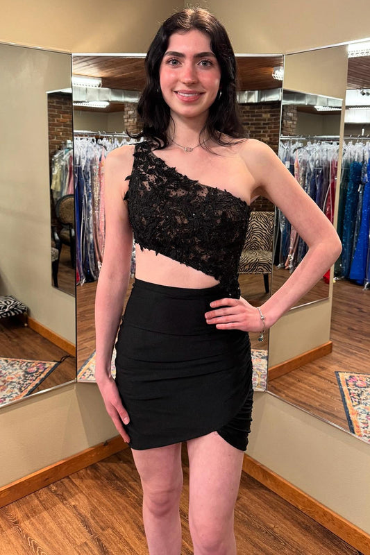 Sheath One Shoulder Chiffon Lace Appliqued Homecoming Dresses for Juniors HE919