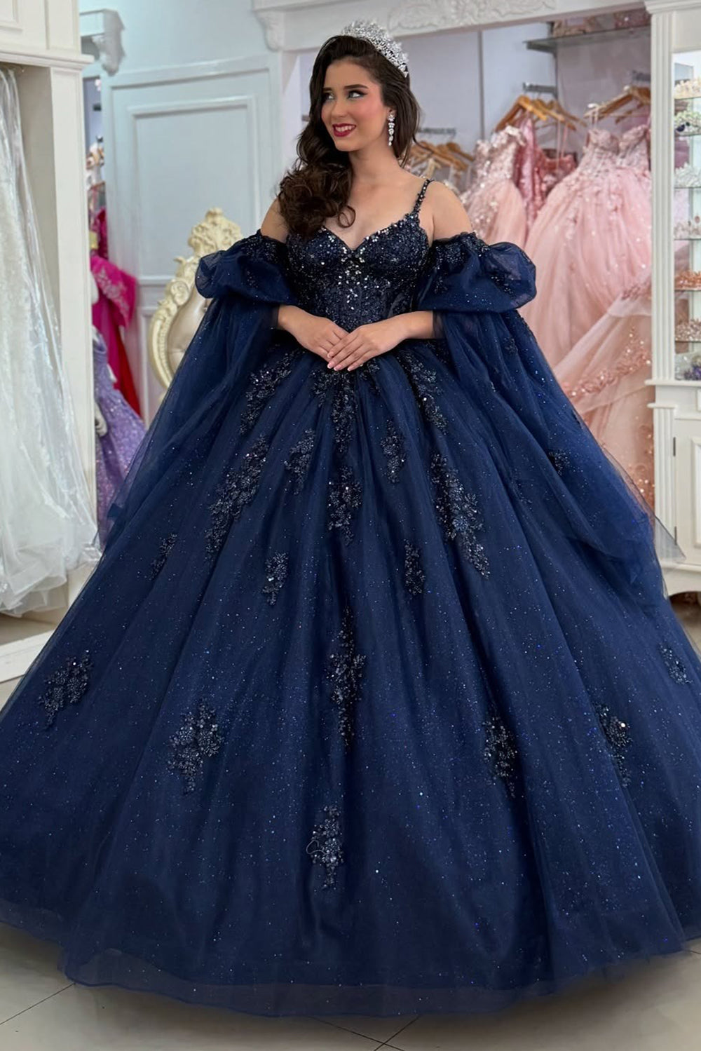 sweet 16 navy blue dresses Princess Ball Gown V Neck Tulle Appliqued Quinceanera sku_351310 Size:2 - (US6-8) Alemais Mickey Printed Woven structured tulle