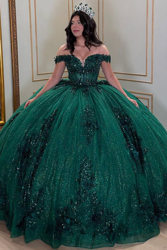 Ball Gown Glittery Tulle Lace Appliqued Green Sweet 16 Quinceanera Dresses HE851