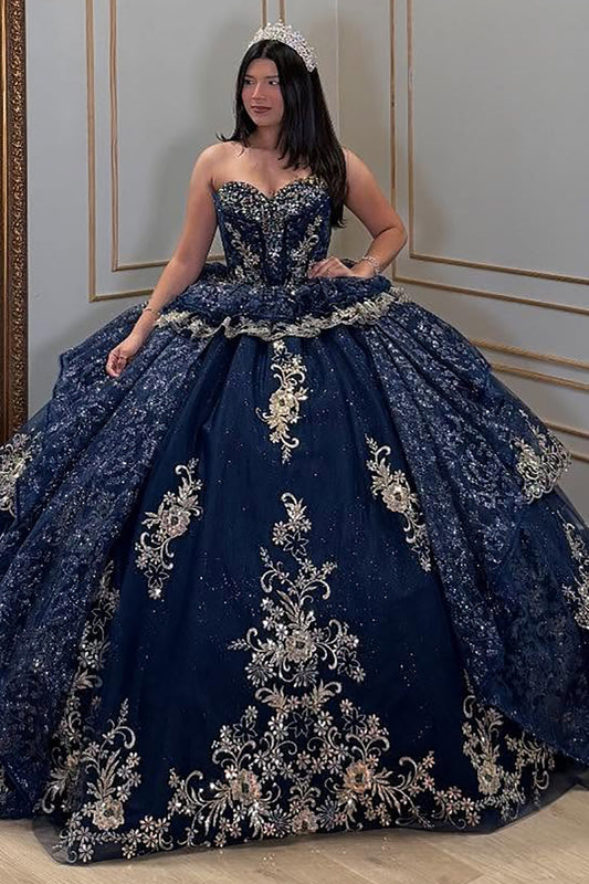 Luxury Glittery Lace Beaded Tulle Sweetheart Quinceanera Dresses with Ruffles HE901