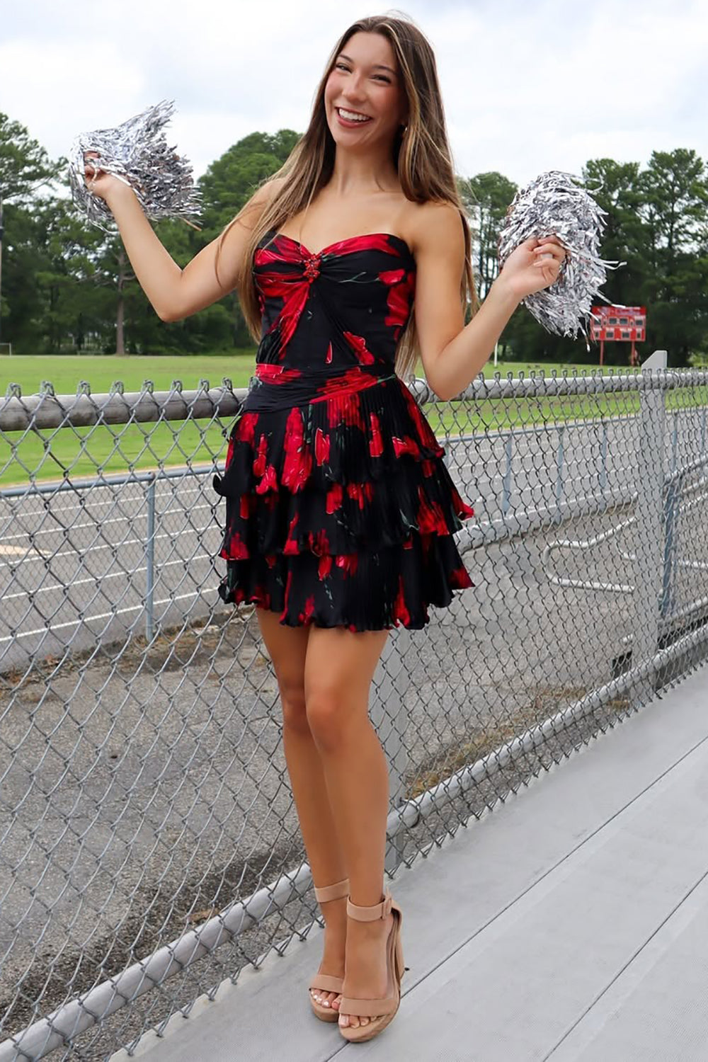 Sweetheart Chiffon Ruffles A Line Floral Homecoming Dresses for Junior – Hebebridal